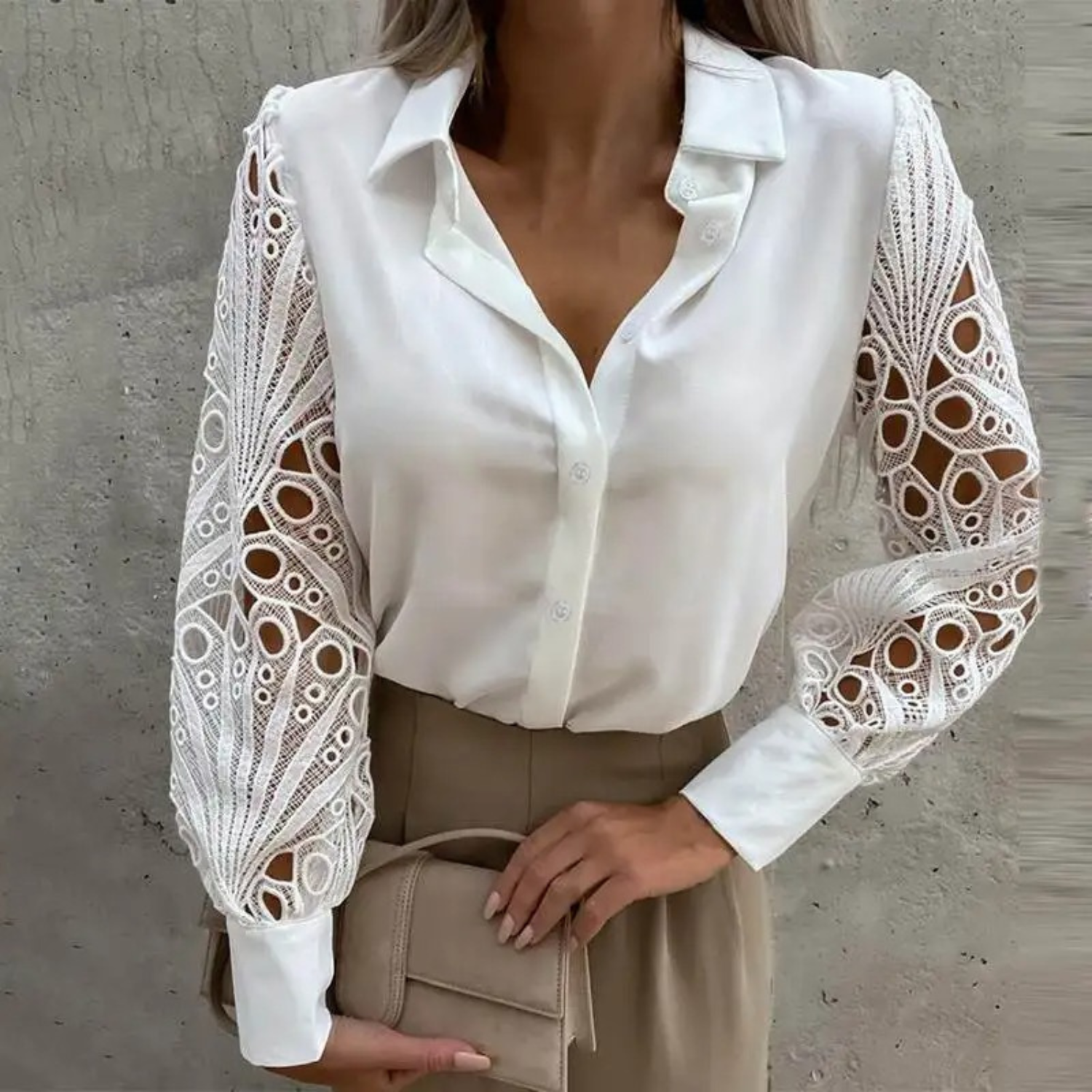 Buiten Blik Elegante witte holle prints met revers damesblouses