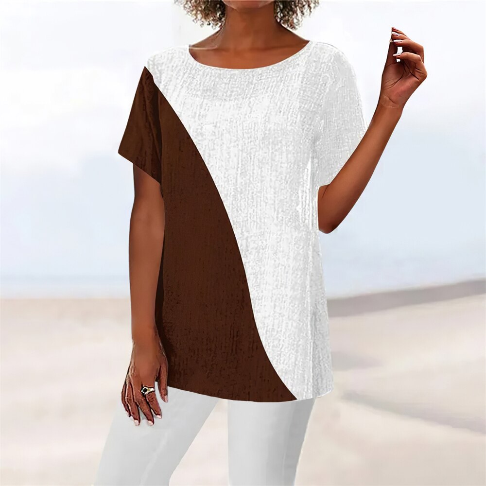 Dames T-shirt met ronde hals, losse pasvorm, eenvoudige gebogen blouse, geometrische print T-shirt voor vrouwen, pullover met korte mouwen, zomer Harajuku.