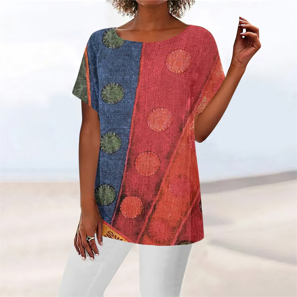 Dames T-shirt met ronde hals, losse pasvorm, eenvoudige gebogen blouse, geometrische print T-shirt voor vrouwen, pullover met korte mouwen, zomer Harajuku.