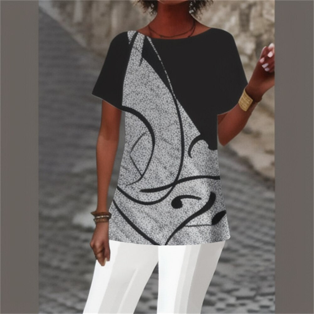 Dames T-shirt met ronde hals, losse pasvorm, eenvoudige gebogen blouse, geometrische print T-shirt voor vrouwen, pullover met korte mouwen, zomer Harajuku.