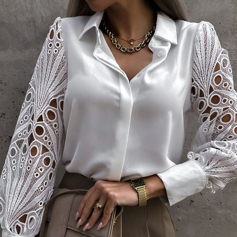 Witte Sexy Vrouwen Blouse met Kanten Hollow Out