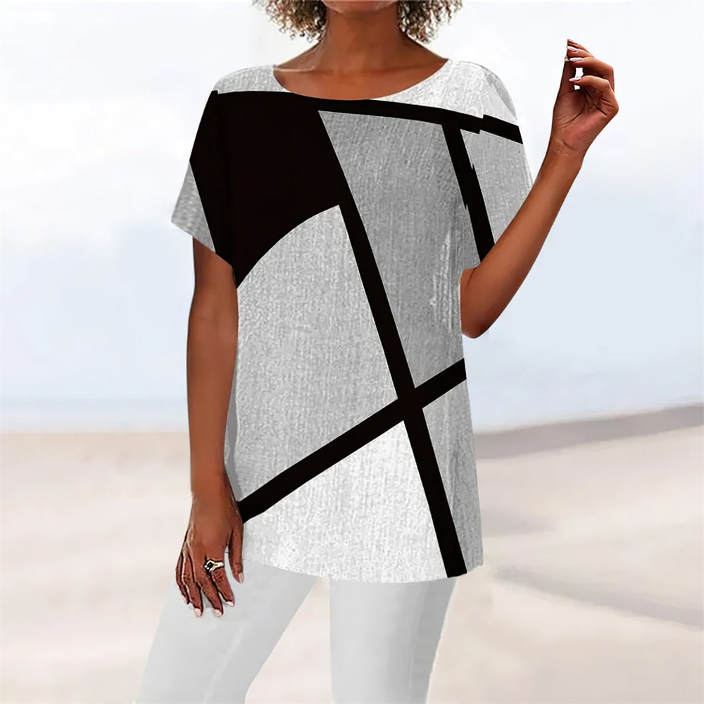 Dames T-shirt met ronde hals, losse pasvorm, eenvoudige gebogen blouse, geometrische print T-shirt voor vrouwen, pullover met korte mouwen, zomer Harajuku.