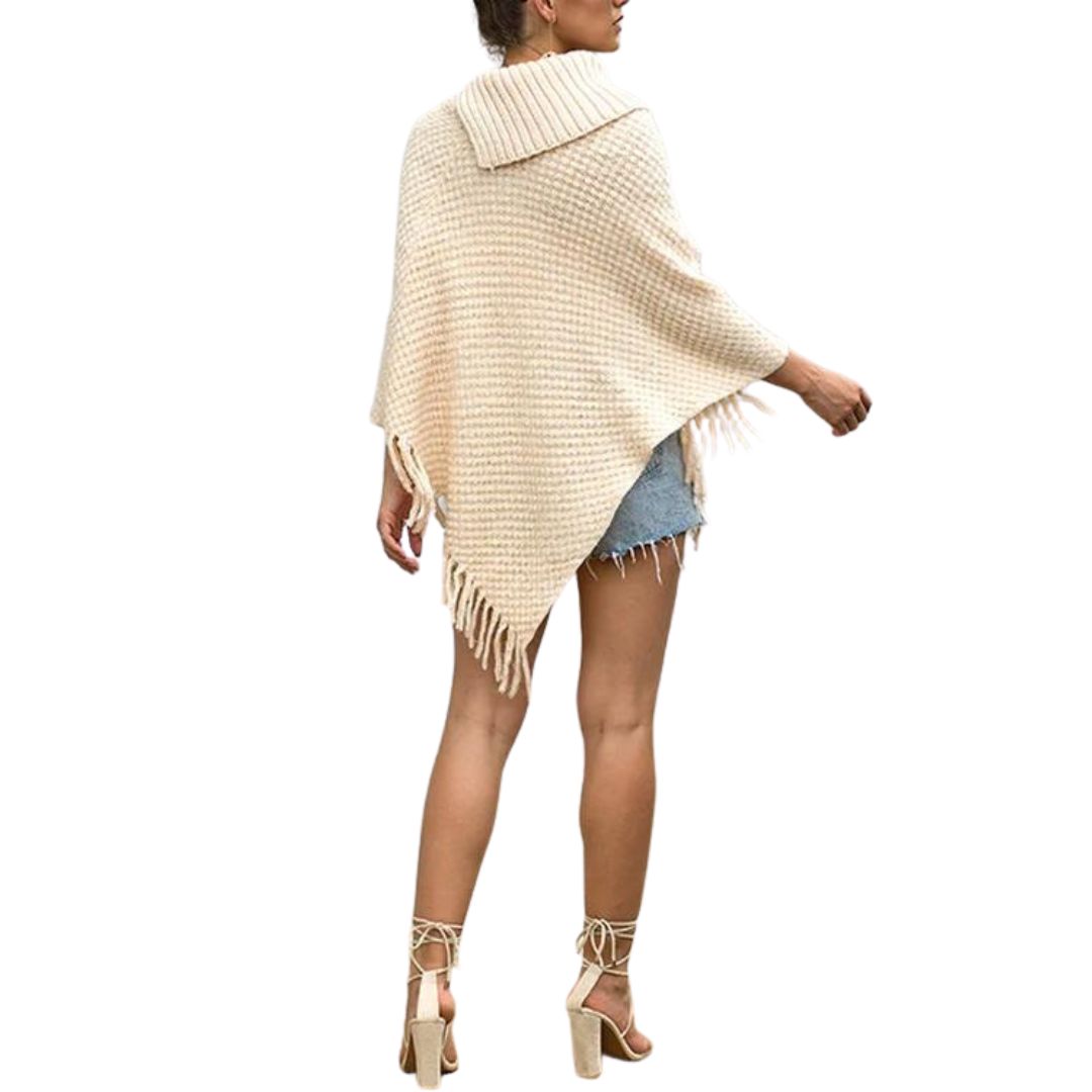 Buiten Blik Asymmetrische Gebreide Poncho Met Knoopkraag En Franjes