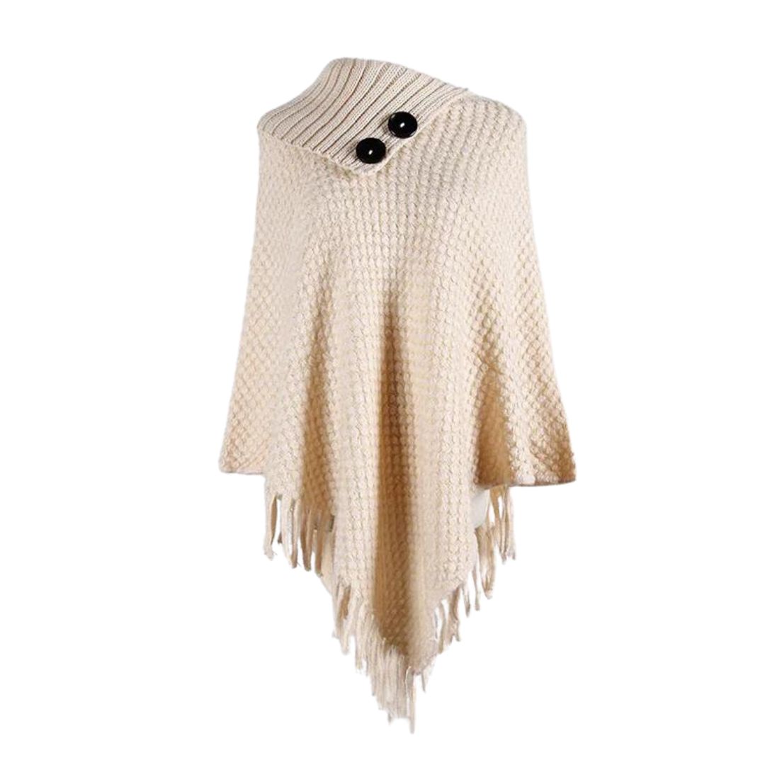 Buiten Blik Asymmetrische Gebreide Poncho Met Knoopkraag En Franjes