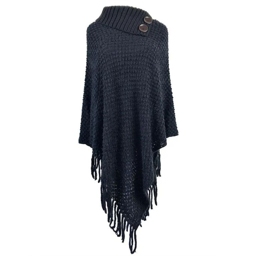 Buiten Blik Asymmetrische Gebreide Poncho Met Knoopkraag En Franjes