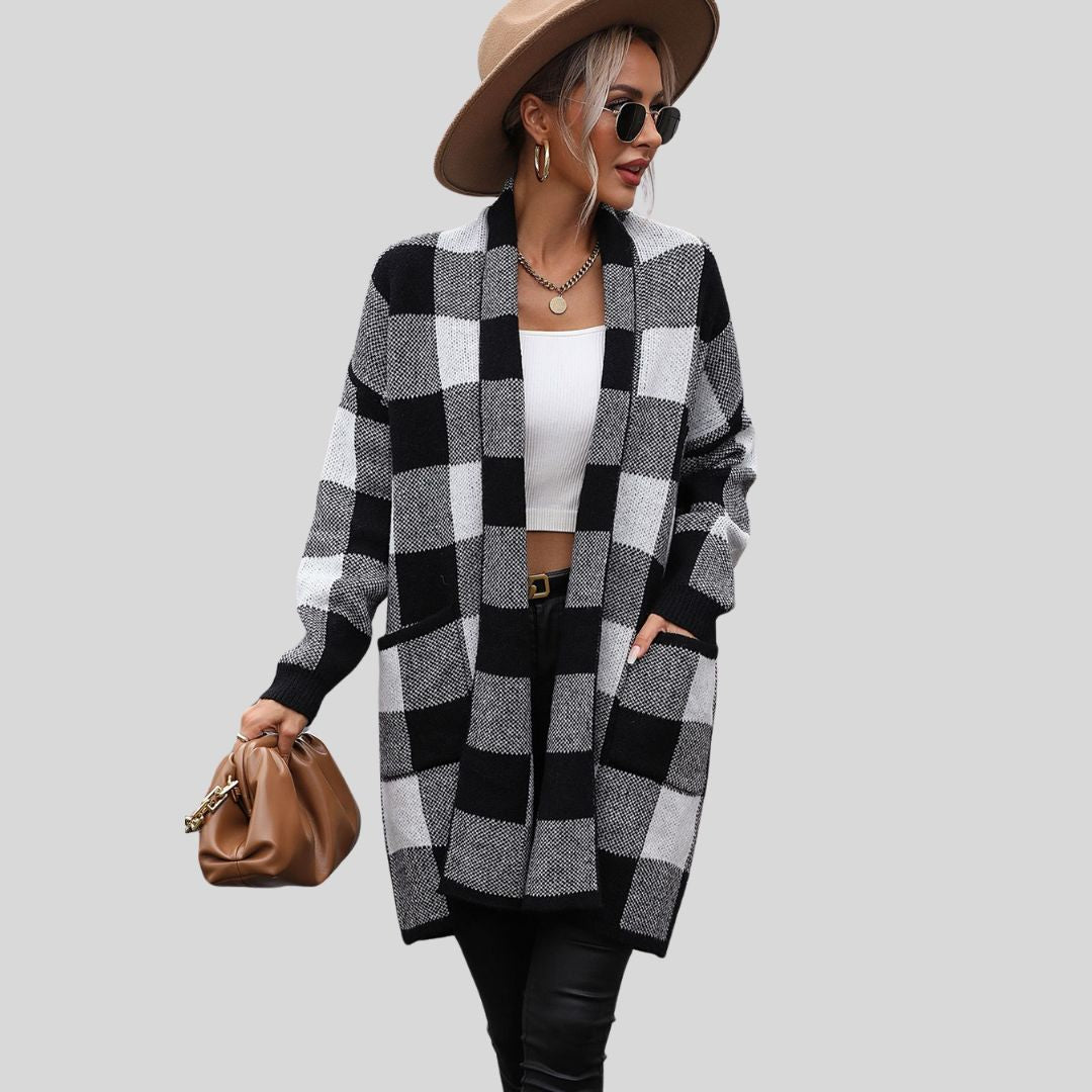 Buiten Blik Classic Plaid Cardigan Met Zakken In Lange Vorm