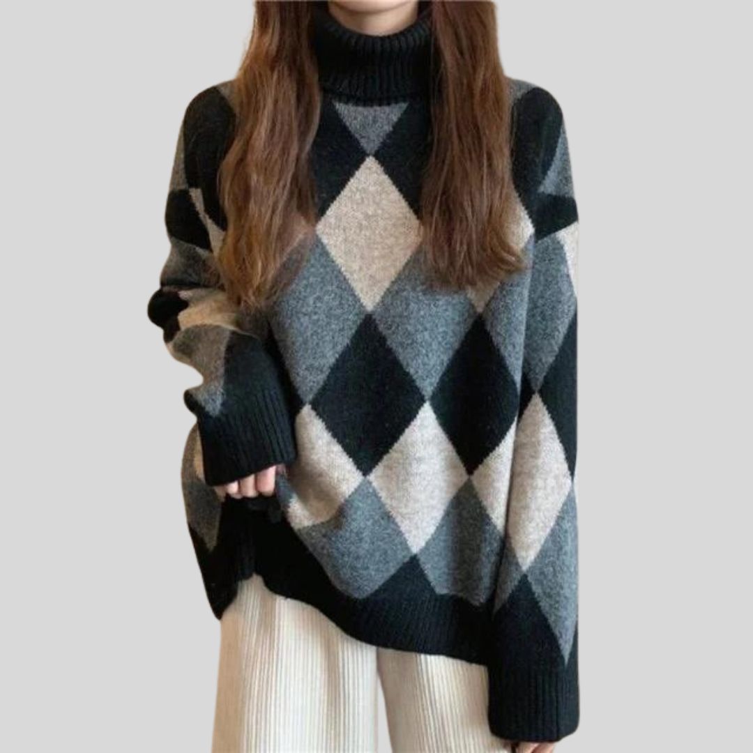 Buiten Blik Coarse Breide Turtleneck -Trui Met Argyle Patroon