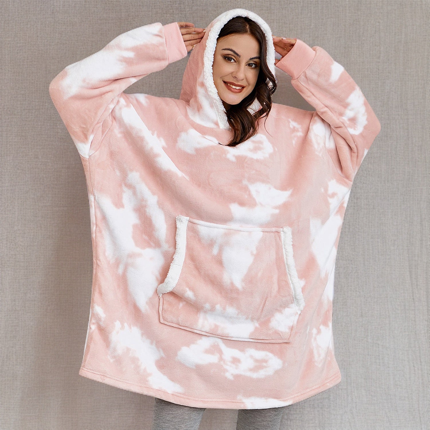 Buiten Blik Rosa Met Witte Wolken Zachte Dyie Hoodie Deken Met Pluche Voeding