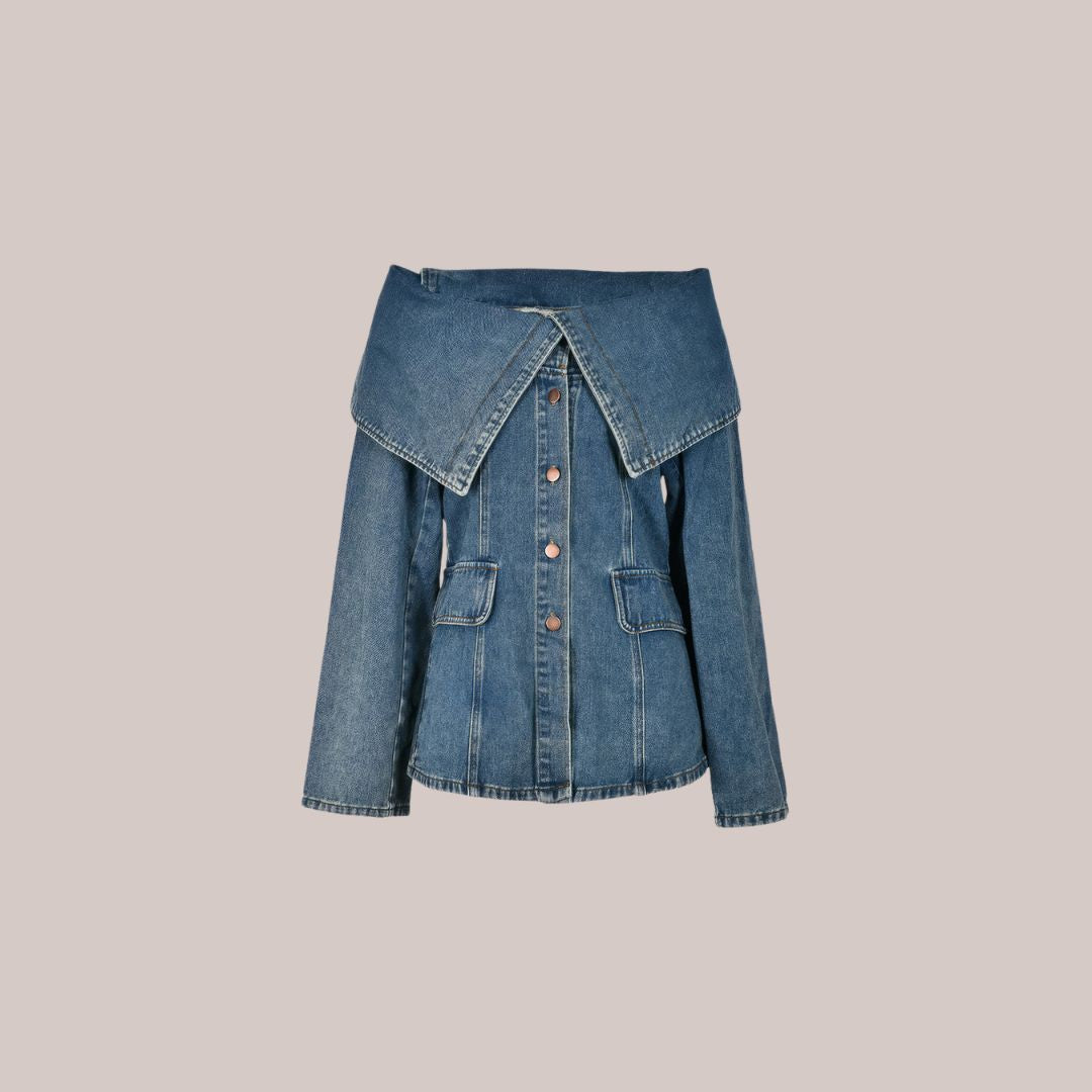 Buiten Blik Chic Jeans Blouse Met Tentoongestelde Zoom- En Knoopafsluiting