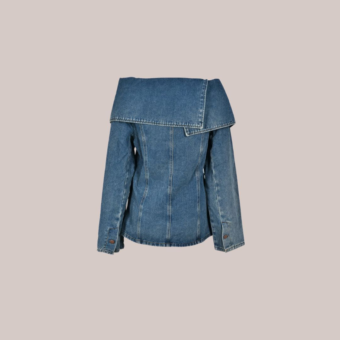 Buiten Blik Chic Jeans Blouse Met Tentoongestelde Zoom- En Knoopafsluiting