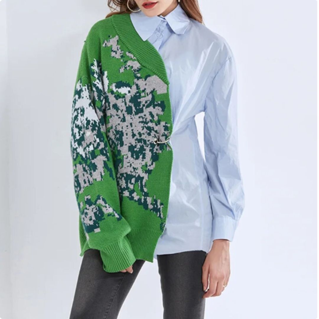 Buiten Blik Asymmetrisch Shirt Met Een Knooppaal En Bloemengebreide Overlay