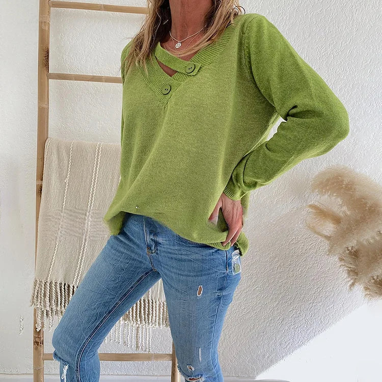 Buiten Blik Loose Henley -Trui Met V -Halslijn En Diagonale Knop