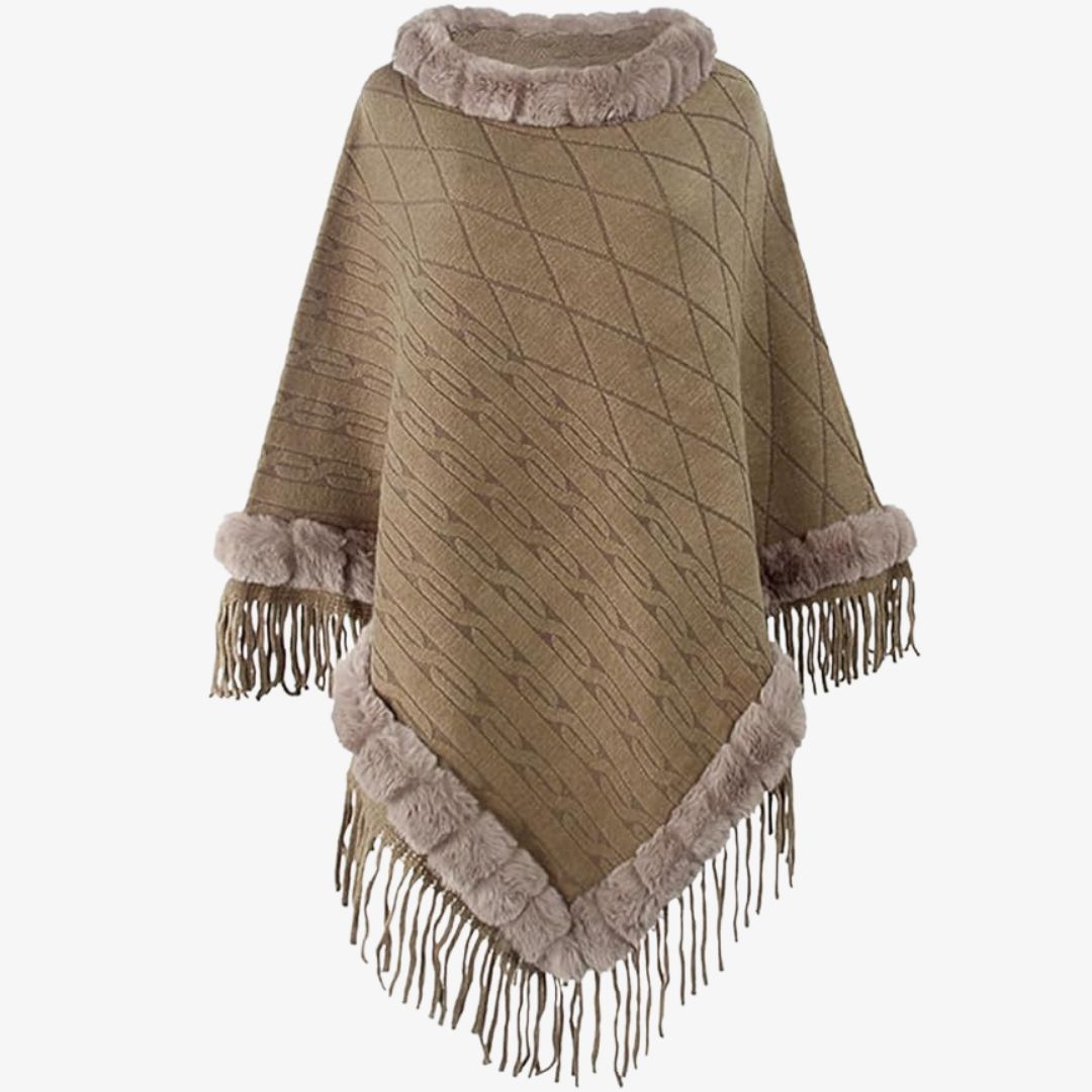 Buiten Blik Stak Poncho Met Synthetische Bontafwerking En Marteldetail