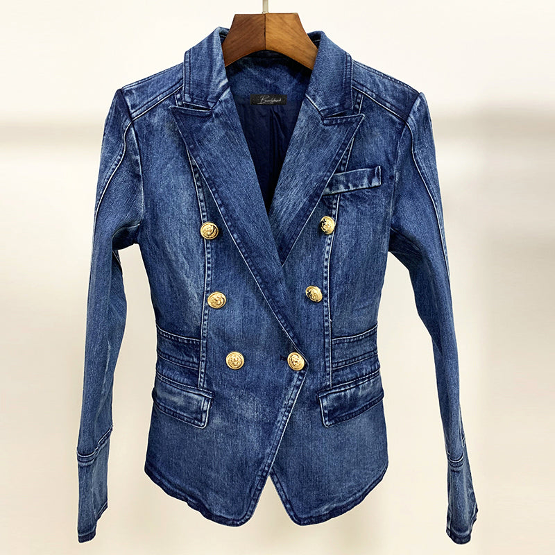 Buiten Blik Sommer Denimblazer Met Goud -Gekleurde Knop