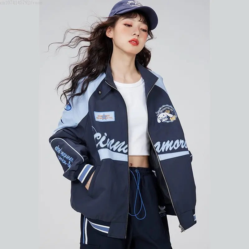 Oversized Cinnamorolls Biker Racer Jacket - Kawaii Women's Zipper Coat and Pant